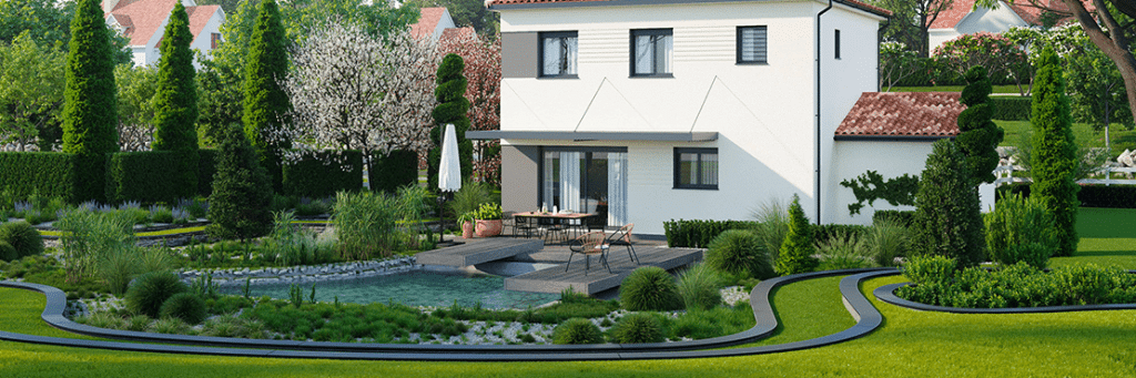 Maison moderne de plain-pied construire à Castelnau d'Estretefonds en Haute-Garonne - vue terrasse