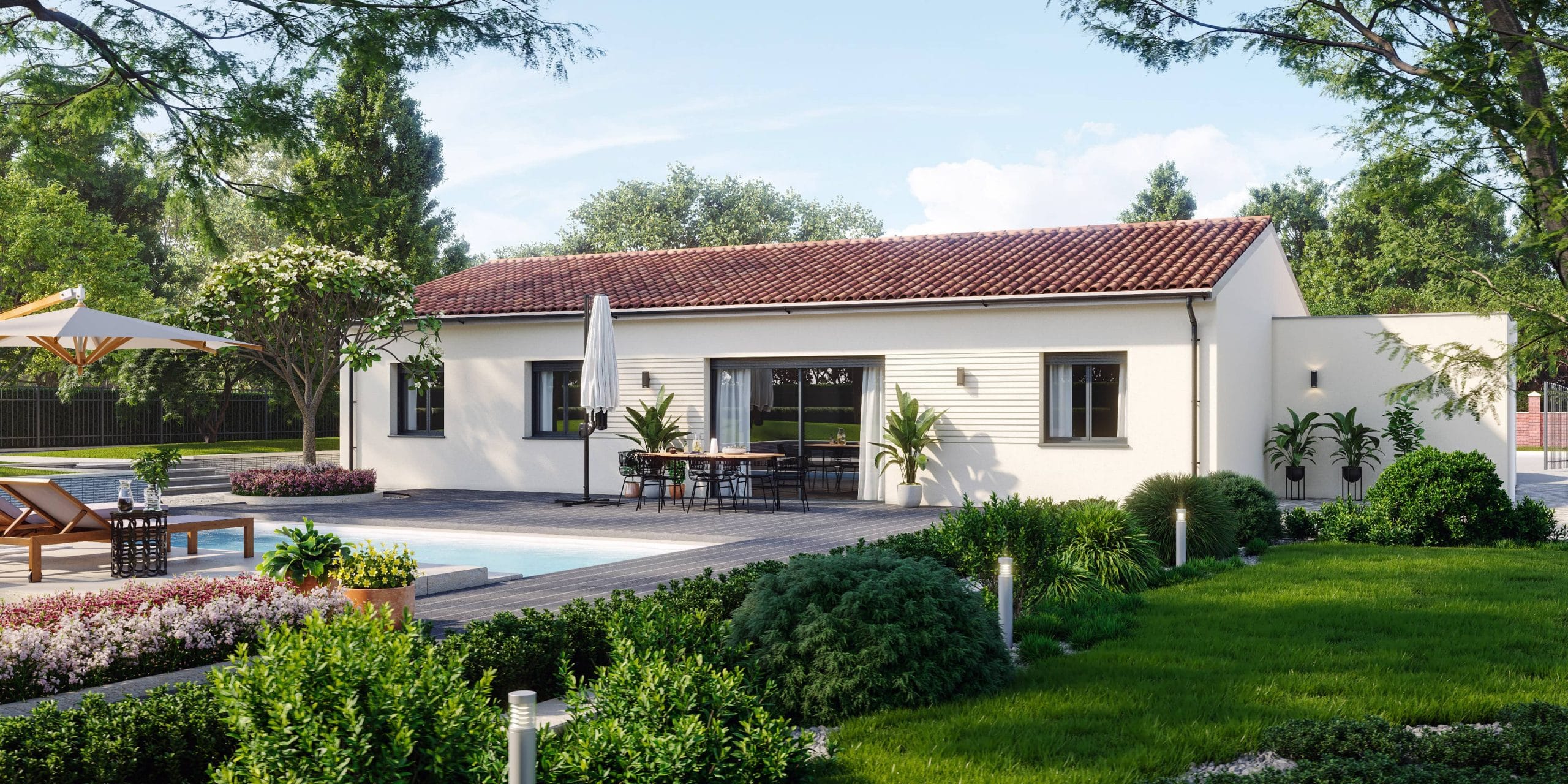 Maison de plain-pied style traditionnel - vue jardin - Maisons Clair Logis