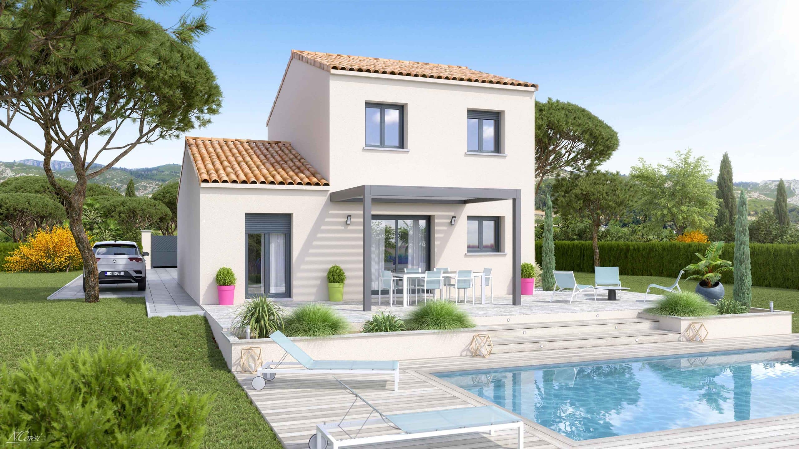 Modèle CHYPRE : Maison neuve traditionnelle - Tuiles canal vue jardin avec piscine