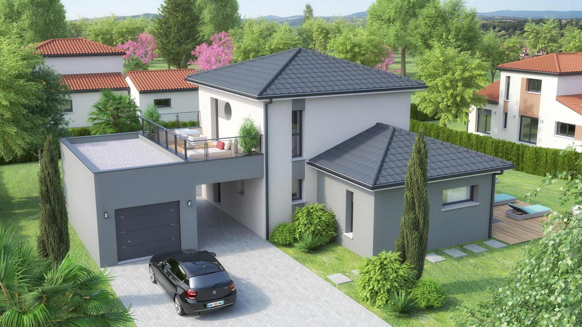 plan maison moderne LODGE - enduit gris